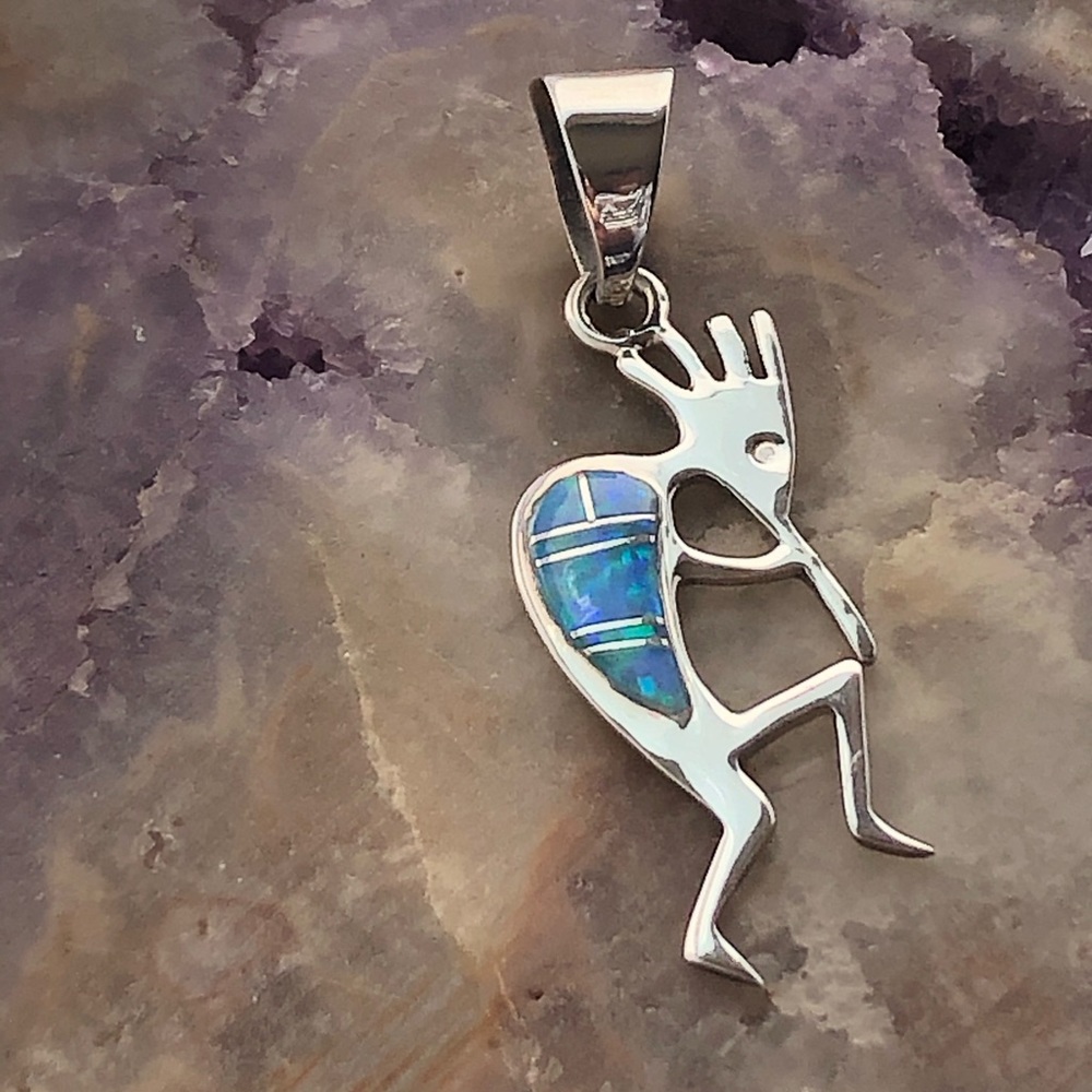 Hopi Inlaid Kokopelli Opal Silver Pendant